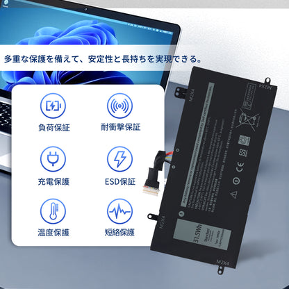 【増量】 DELL デル1WND8, J0PGR,0RDYCT, RDYCT【11.4V・2763mAh】 ブラック 対応用 Latitude 5285,Latitude 5290,T17G GlobalSmart 高性能 ノートパソコン 互換 バッテリー