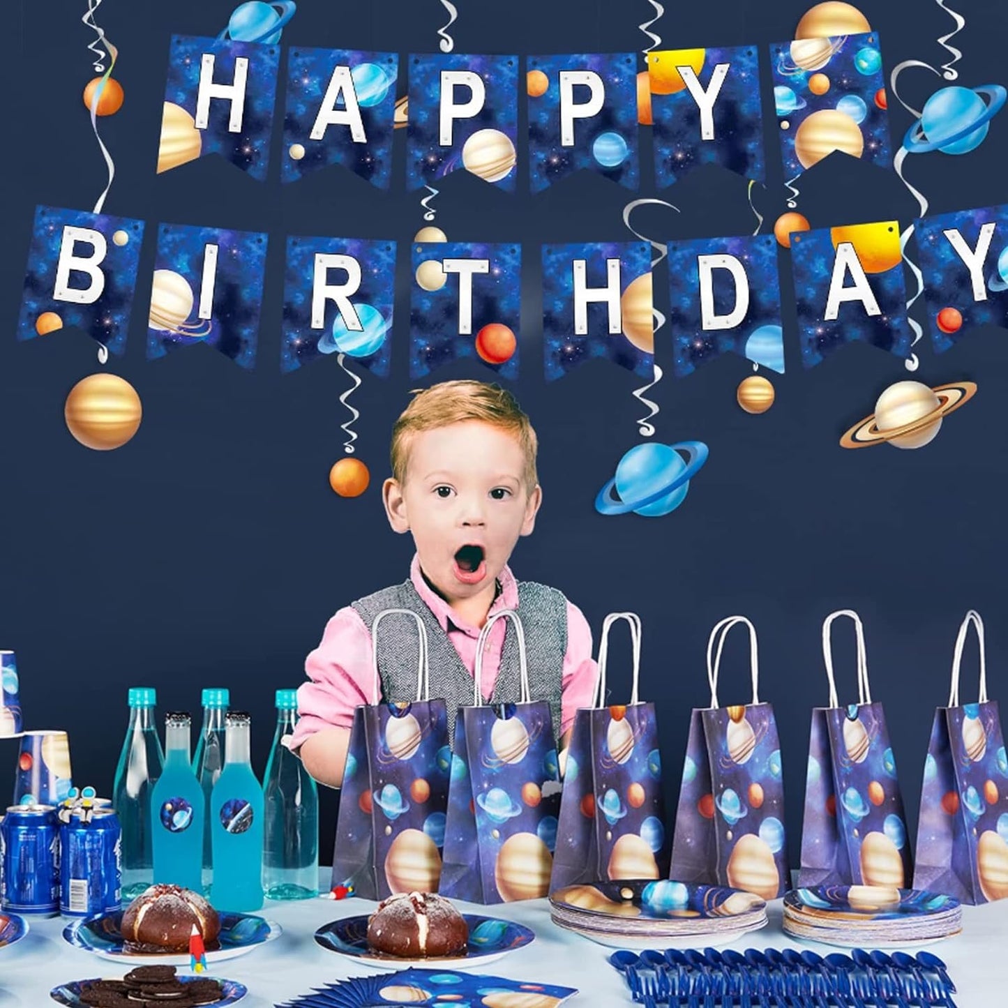 [Infashion]宇宙をテーマにしたパーティー用品は25を提供し、男の子のための宇宙の誕生日の装飾、完全なパックが含まれています、テーブルクロス.バナー