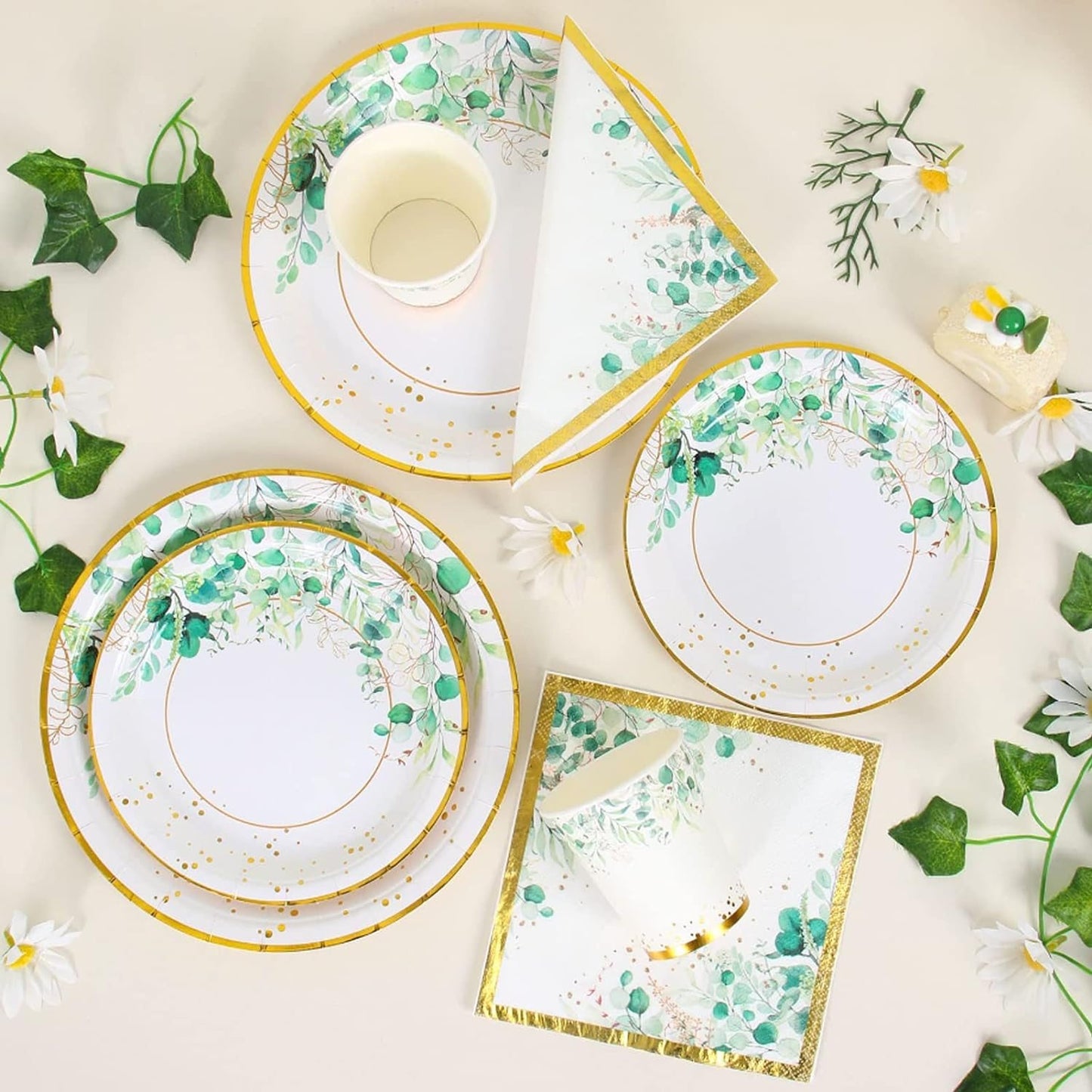[Infashion]パーティー食器セット、24名様用セージグリーンペーパープレートバースデー、グリーンペーパープレート付き使い捨て食器セットベビーシャワー、ベビーシャワー、サファリバースデーパーティーボーイ用ナプキン