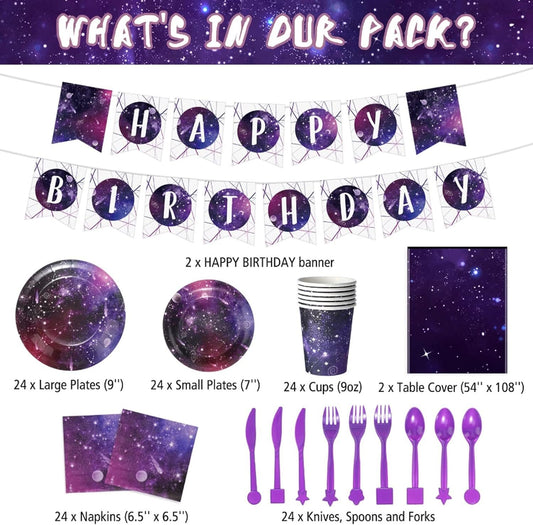 [Infashion]バースデー 食器 171個スペースギャラクシーパーティー食器セットギャラクシー宇宙テーマバースデーパーティーデコレーションソーラーシステムプラネットペーパープレートナプキンテーブルクロスとバースデーバナー24名様用パーティー用品