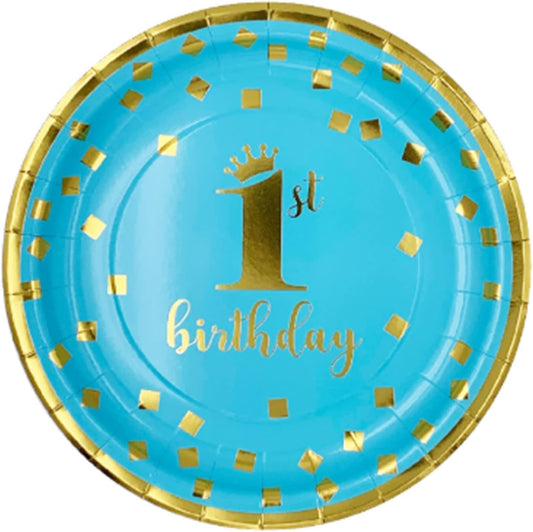 [Infashion]パーティー用品 16人セット 男の子の1歳の誕生日、青と金のテーマパーティー 子供の誕生日の装飾 バースデー 食器