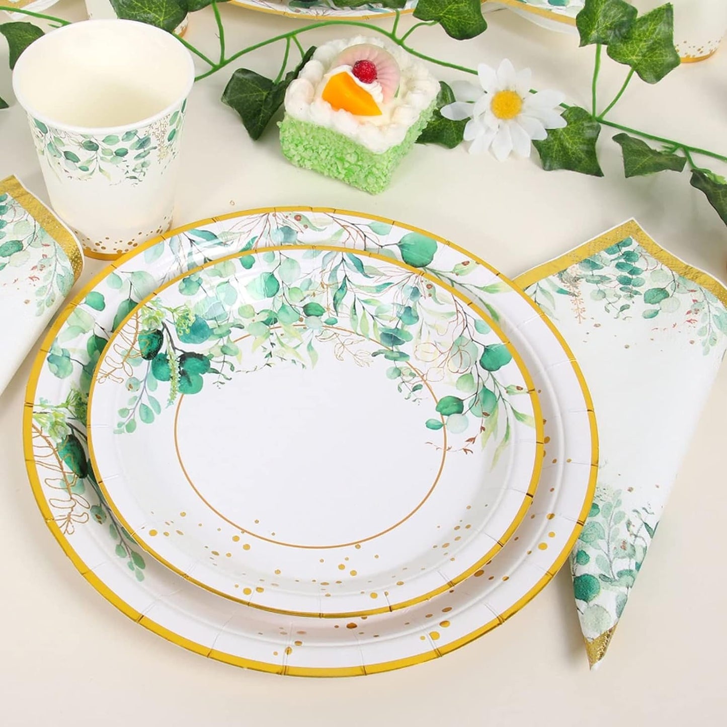 [Infashion]パーティー食器セット、24名様用セージグリーンペーパープレートバースデー、グリーンペーパープレート付き使い捨て食器セットベビーシャワー、ベビーシャワー、サファリバースデーパーティーボーイ用ナプキン