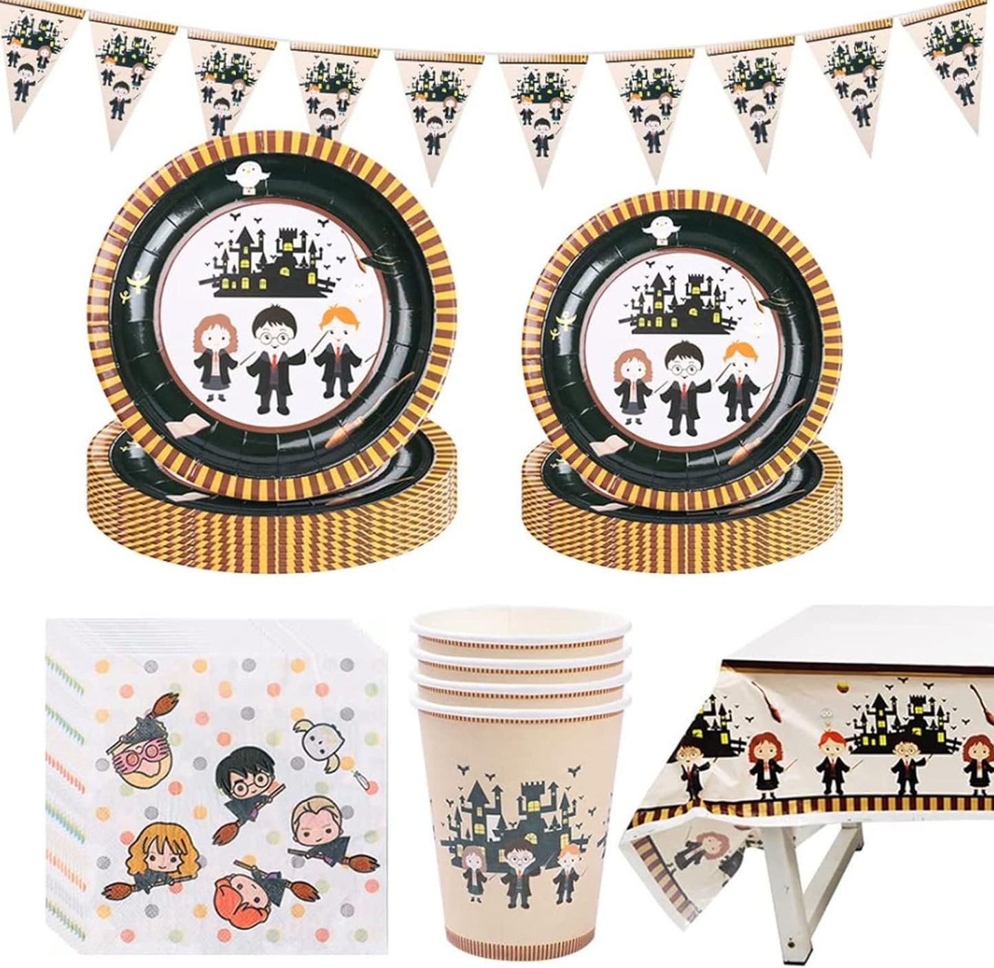 [Infashion]バースデー 食器 マジックウィザードスクールデコレーション（12名様）-食器ペーパープレートカップカップテーブルクロスペーパーナプキンバナーテーブルデコレーションバースデーパーティーボーイガールキッド