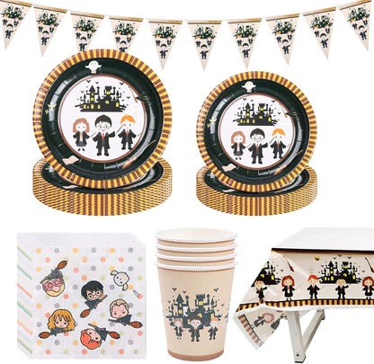 [Infashion]バースデー 食器 マジックウィザードスクールデコレーション（12名様）-食器ペーパープレートカップカップテーブルクロスペーパーナプキンバナーテーブルデコレーションバースデーパーティーボーイガールキッド