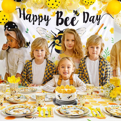 [Infashion]蜂の誕生日パーティー用品-子供のための蜂のテーマパーティーデコレーション女の子の誕生日の背景バルーンテーブルクロスプレートカップナプキンナイフフォークスプーン食器セット道具16人のゲストにサービスを提供 使い捨て食器