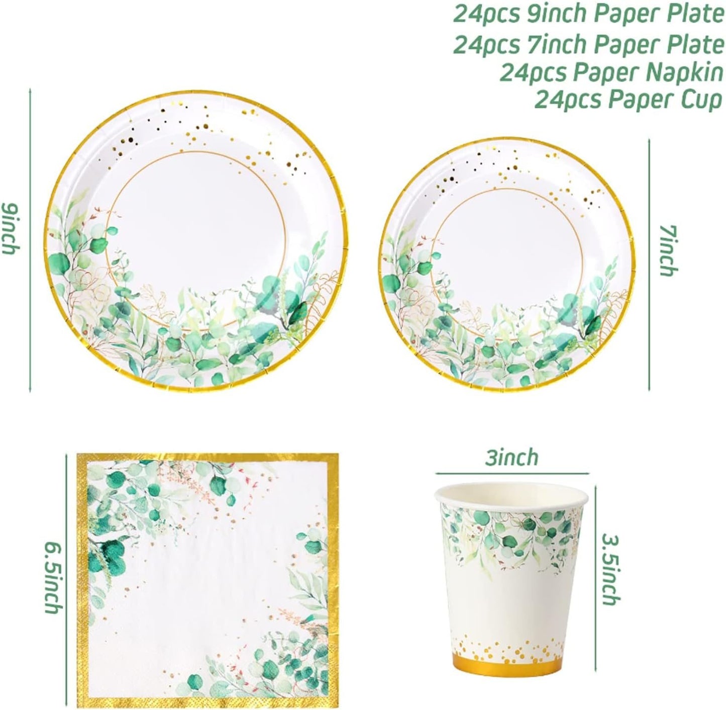 [Infashion]パーティー食器セット、24名様用セージグリーンペーパープレートバースデー、グリーンペーパープレート付き使い捨て食器セットベビーシャワー、ベビーシャワー、サファリバースデーパーティーボーイ用ナプキン