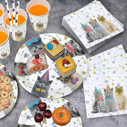 [Infashion]猫のパーティー用品、猫の子供のためのプレート、カップ、ストローナプキンを含む猫のテーマの食器キット誕生日のベビーシャワーの装飾-16人のゲストにサービスを提供
