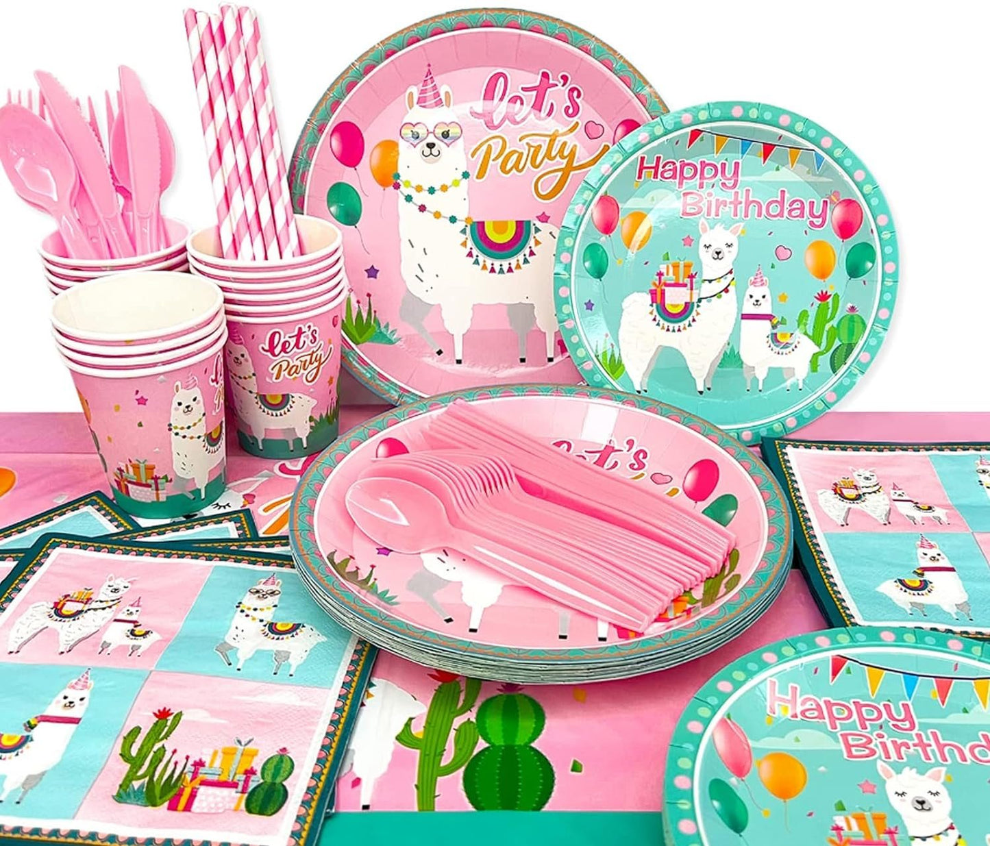 [Infashion]女の子の子供のための誕生日パーティー用品、129個の食器セットには、ラマテーブルクロス、ラマプレートカップ、ナプキン、ストロー、ナイフ、フォーク、スプーンが含まれています16名様にご利用いただけます