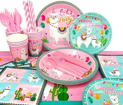 [Infashion]女の子の子供のための誕生日パーティー用品、129個の食器セットには、ラマテーブルクロス、ラマプレートカップ、ナプキン、ストロー、ナイフ、フォーク、スプーンが含まれています16名様にご利用いただけます