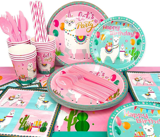 [Infashion]女の子の子供のための誕生日パーティー用品、129個の食器セットには、ラマテーブルクロス、ラマプレートカップ、ナプキン、ストロー、ナイフ、フォーク、スプーンが含まれています16名様にご利用いただけます