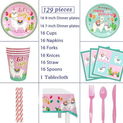 [Infashion]女の子の子供のための誕生日パーティー用品、129個の食器セットには、ラマテーブルクロス、ラマプレートカップ、ナプキン、ストロー、ナイフ、フォーク、スプーンが含まれています16名様にご利用いただけます