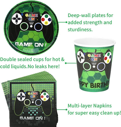 [Infashion]ゲームパーティー食器セット、ゲームパーティーアクセサリーセット、プレートカップナプキンストローテーブルクロス、男の子プレーヤーの誕生日のためのゲームパーティーデコレーション、16人のゲストにサービスを提供