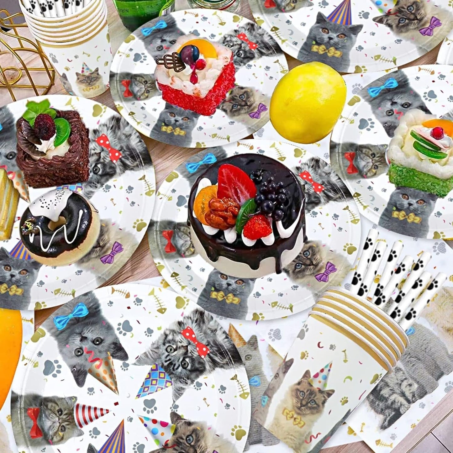 [Infashion]猫のパーティー用品、猫の子供のためのプレート、カップ、ストローナプキンを含む猫のテーマの食器キット誕生日のベビーシャワーの装飾-16人のゲストにサービスを提供