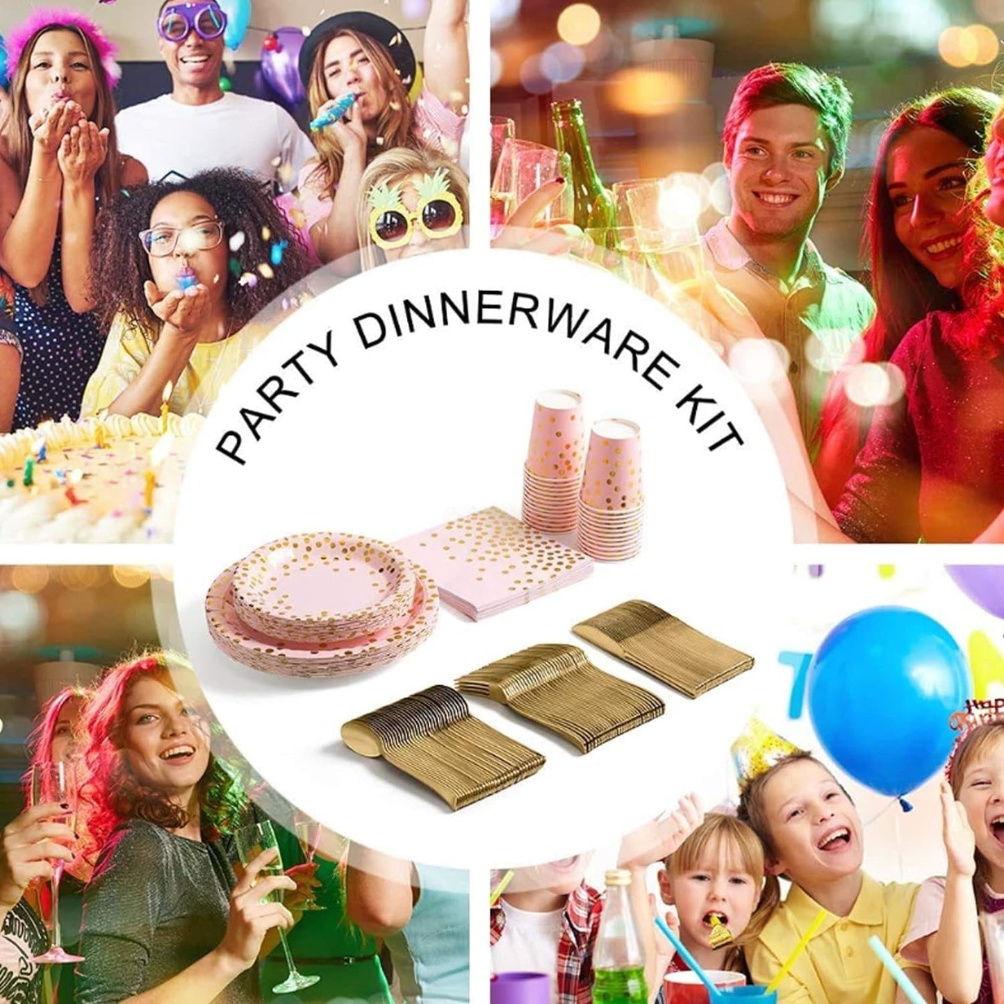 [Infashion]パーティーアクセサリー、紙皿セット、テーブルクロス、プレート、カップ、誕生日、結婚記念日、記念日用ナプキンを含む再利用可能な紙食器セット（20名様）
