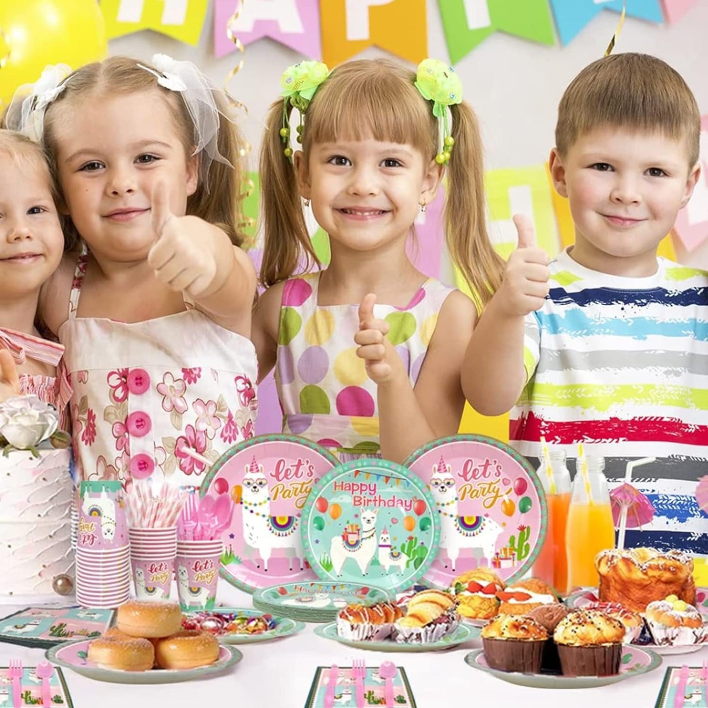 [Infashion]女の子の子供のための誕生日パーティー用品、129個の食器セットには、ラマテーブルクロス、ラマプレートカップ、ナプキン、ストロー、ナイフ、フォーク、スプーンが含まれています16名様にご利用いただけます