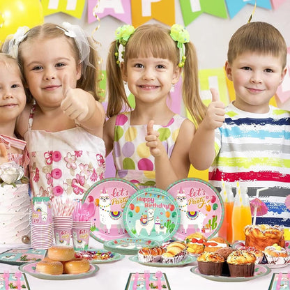 [Infashion]女の子の子供のための誕生日パーティー用品、129個の食器セットには、ラマテーブルクロス、ラマプレートカップ、ナプキン、ストロー、ナイフ、フォーク、スプーンが含まれています16名様にご利用いただけます