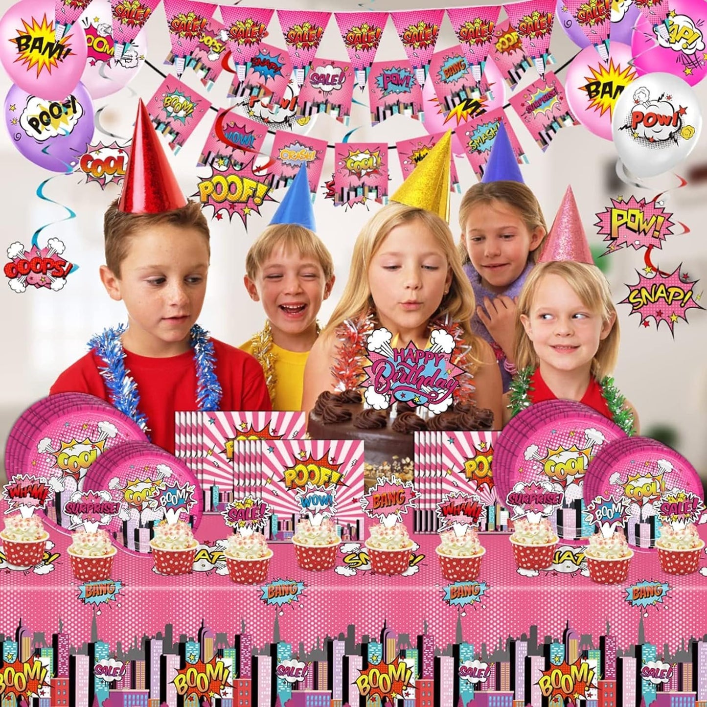 [Infashion]スーパーヒーローの女の子の誕生日パーティー用品セット、プレート、ナプキン、ナイフ、スプーン、フォーク、テーブルクロス、風船、ピンクのハッピーバースデーバナースーパーヒーローをテーマにした誕生日パーティー用品（ピンク）