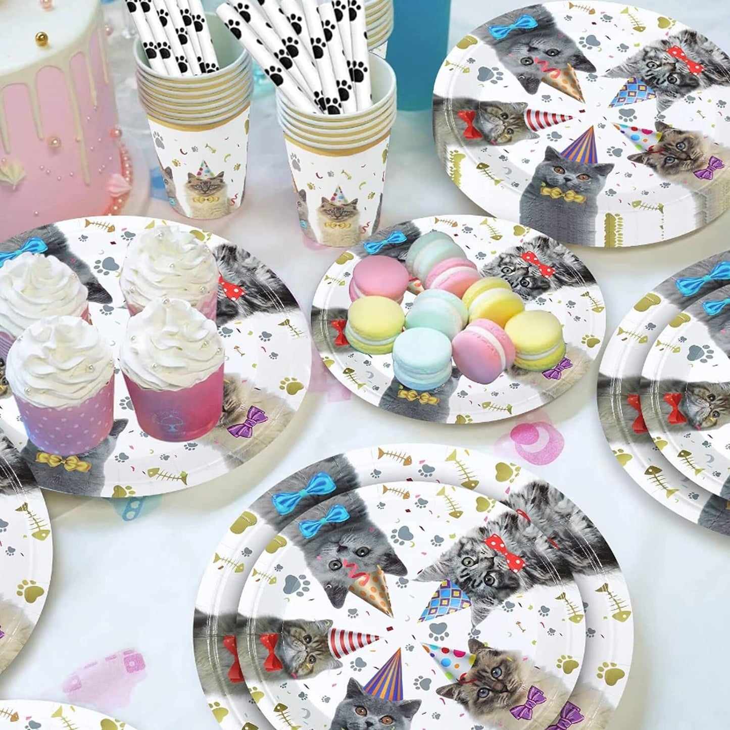 [Infashion]猫のパーティー用品、猫の子供のためのプレート、カップ、ストローナプキンを含む猫のテーマの食器キット誕生日のベビーシャワーの装飾-16人のゲストにサービスを提供