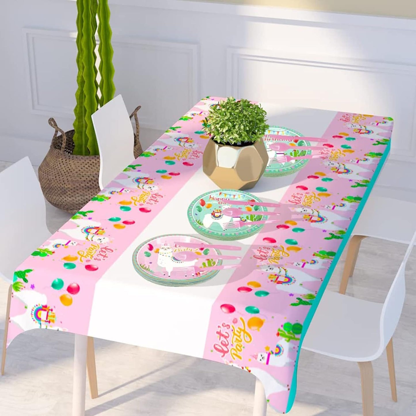 [Infashion]女の子の子供のための誕生日パーティー用品、129個の食器セットには、ラマテーブルクロス、ラマプレートカップ、ナプキン、ストロー、ナイフ、フォーク、スプーンが含まれています16名様にご利用いただけます
