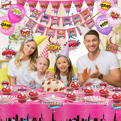 [Infashion]スーパーヒーローの女の子の誕生日パーティー用品セット、プレート、ナプキン、ナイフ、スプーン、フォーク、テーブルクロス、風船、ピンクのハッピーバースデーバナースーパーヒーローをテーマにした誕生日パーティー用品（ピンク）