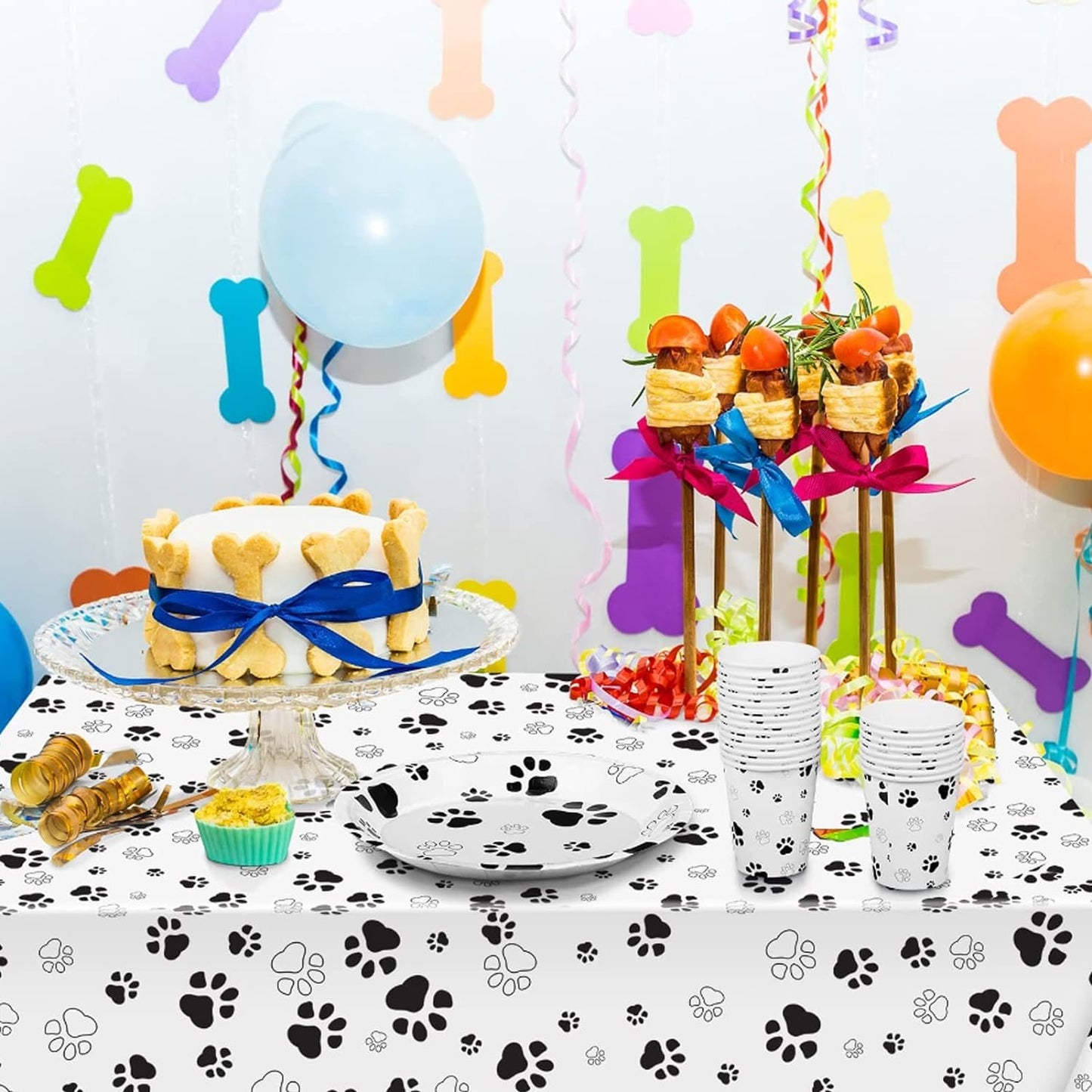 [Infashion]バースデー 食器 108 x 54インチのテーブルクロス9OZカッププレートと誕生日用ナプキン、ベビーシャワーのテーマパーティーデコレーションを含む159個の犬の足跡のパーティー用品セット