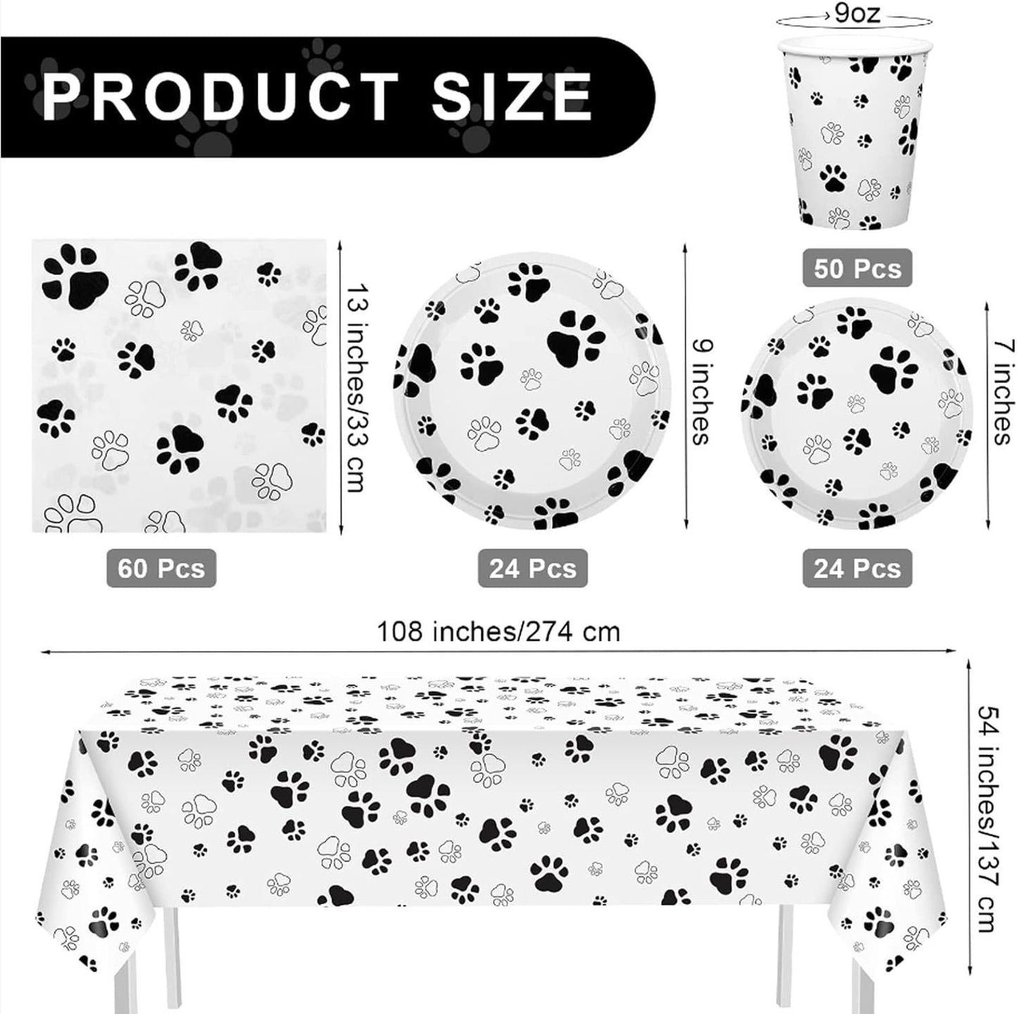 [Infashion]バースデー 食器 108 x 54インチのテーブルクロス9OZカッププレートと誕生日用ナプキン、ベビーシャワーのテーマパーティーデコレーションを含む159個の犬の足跡のパーティー用品セット