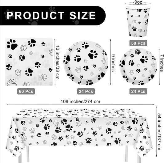 [Infashion]バースデー 食器 108 x 54インチのテーブルクロス9OZカッププレートと誕生日用ナプキン、ベビーシャワーのテーマパーティーデコレーションを含む159個の犬の足跡のパーティー用品セット