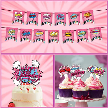 [Infashion]スーパーヒーローの女の子の誕生日パーティー用品セット、プレート、ナプキン、ナイフ、スプーン、フォーク、テーブルクロス、風船、ピンクのハッピーバースデーバナースーパーヒーローをテーマにした誕生日パーティー用品（ピンク）