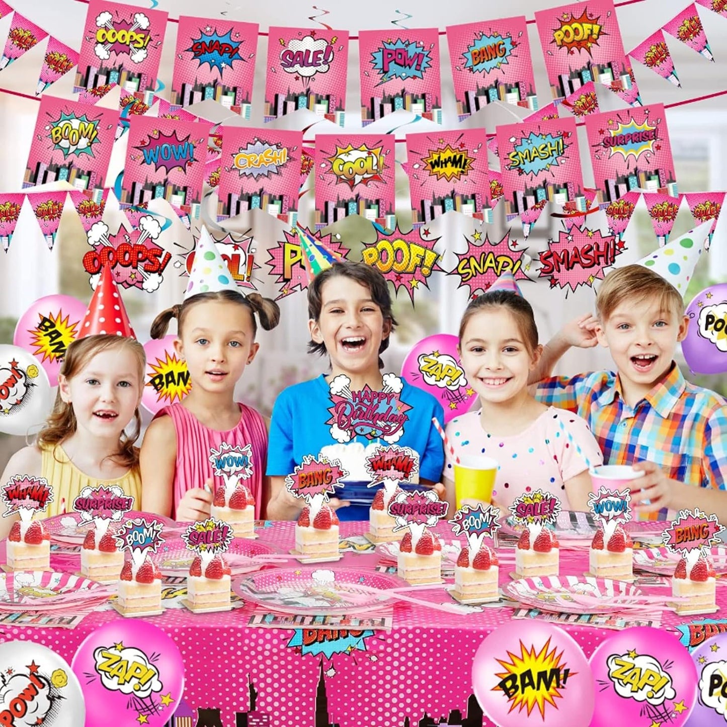 [Infashion]スーパーヒーローの女の子の誕生日パーティー用品セット、プレート、ナプキン、ナイフ、スプーン、フォーク、テーブルクロス、風船、ピンクのハッピーバースデーバナースーパーヒーローをテーマにした誕生日パーティー用品（ピンク）
