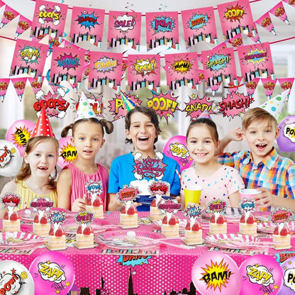 [Infashion]スーパーヒーローの女の子の誕生日パーティー用品セット、プレート、ナプキン、ナイフ、スプーン、フォーク、テーブルクロス、風船、ピンクのハッピーバースデーバナースーパーヒーローをテーマにした誕生日パーティー用品（ピンク）